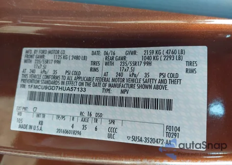 2017 Ford Escape Se из США, поврежденный, VIN 1FMCU9GD7HUA57133